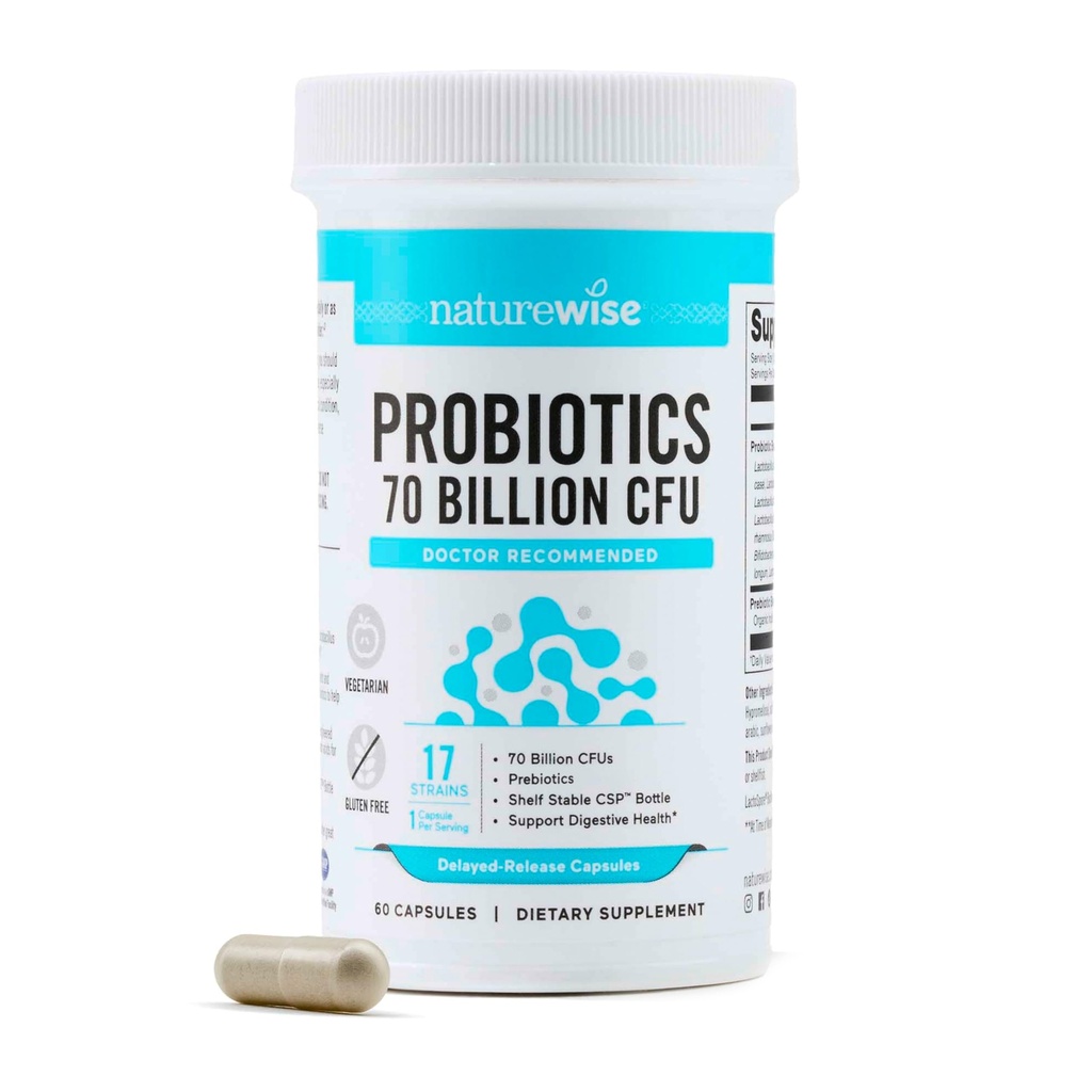 NatureWise Probiotics 70亿 CMU - 17 Strains + 有机生素 - 对妇女和男子的免疫、消化和古特健康支持 - 蔬菜、无葡萄糖、非GMO - 60 Capsules [2-Month Supplement]