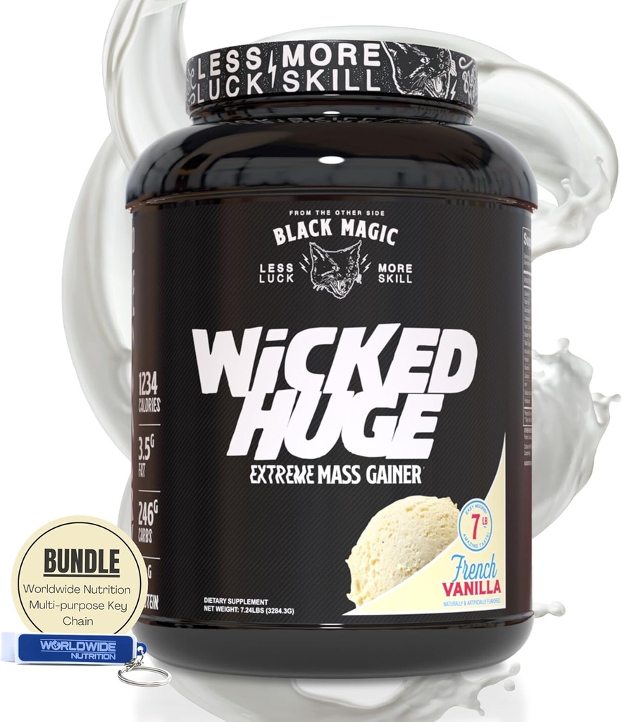 世界营养包 与黑色魔法 邪恶的巨型兼容 - Mass Gainer French Vanilla Flavor for Muscle Support and Recover, 7.24 LBS 蛋白粉补充剂与键链
