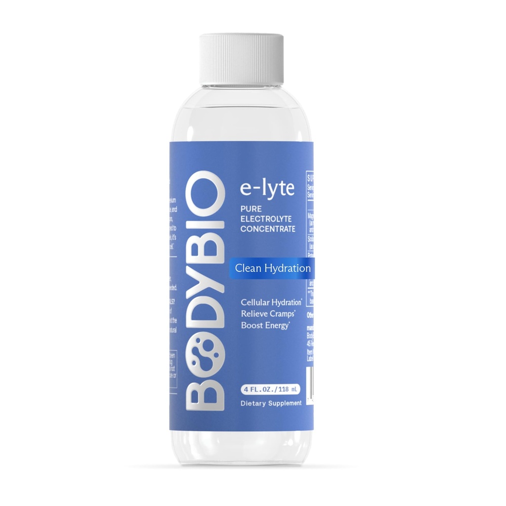 BodyBio e-Lyte - 液态电解液集中用于清洁水分、能量和加压救济 - 无糖、无人工火花、无填充器、友好型