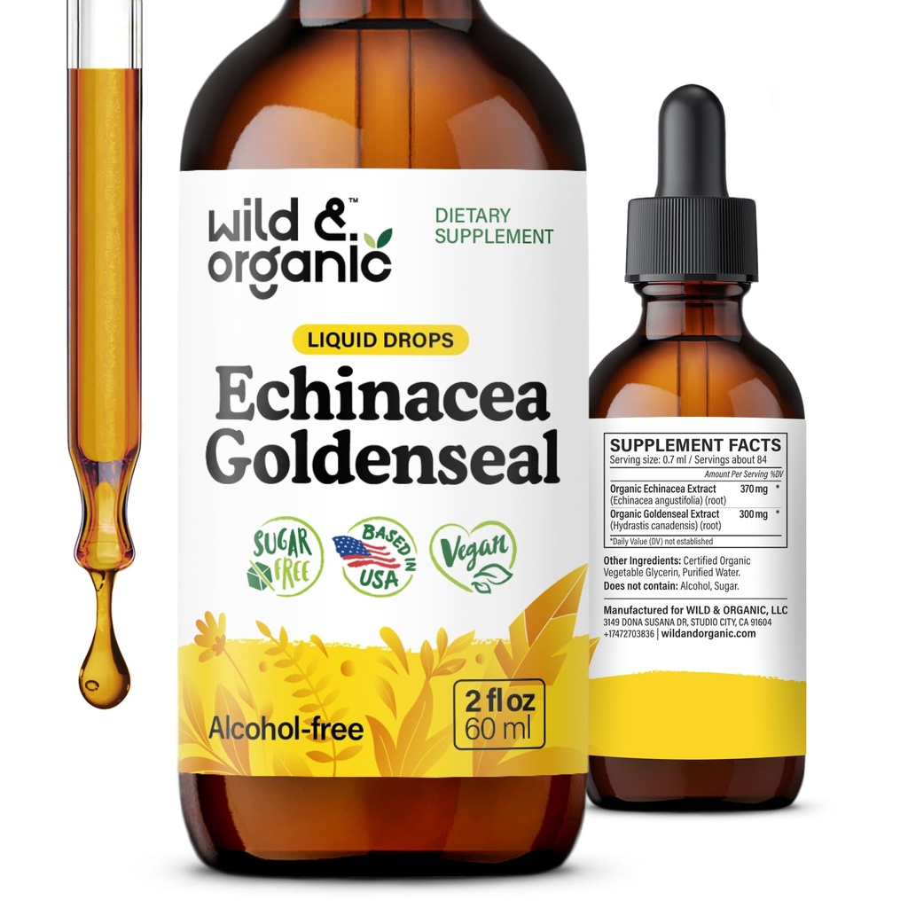 野生和有机Echinacea金色液体滴 - Immune支持补充w/Goldenseal Echinacea根提取 - Vegan,糖和无酒精丁基 - 2 fl oz