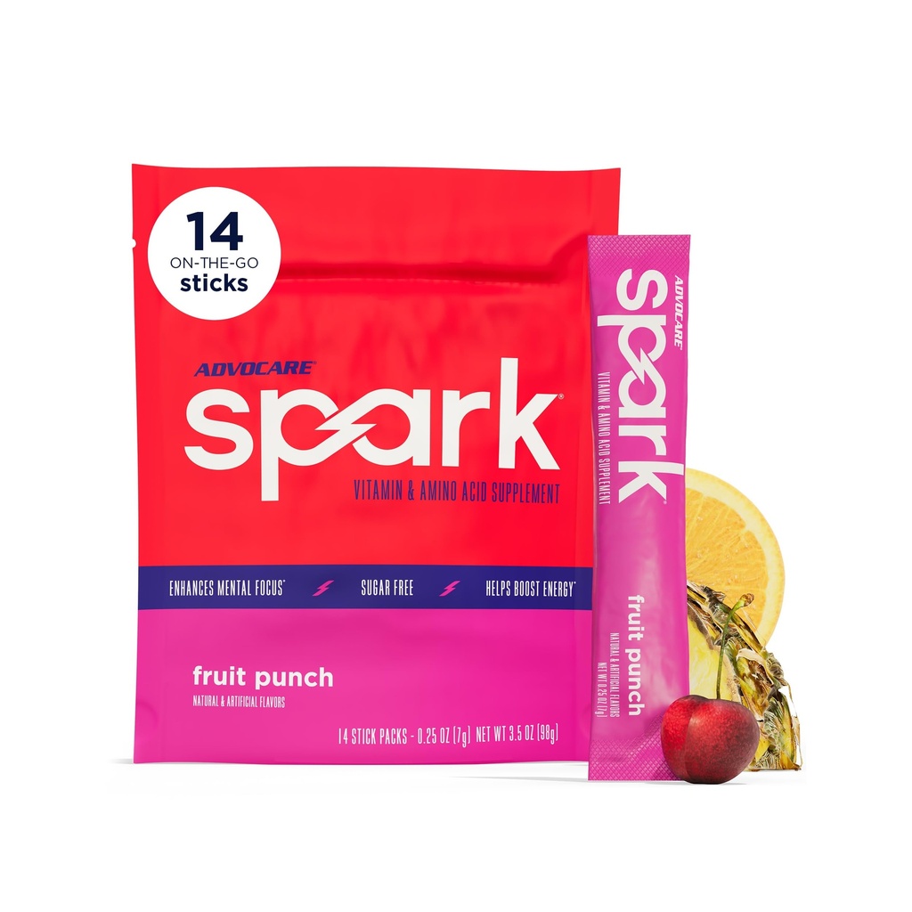 AdvoCare Spark - 能量饮料混合剂 - 维生素和氨基酸补充剂 - 支持能量和焦点 * - 便携式免疫支持 * - 无糖 - 水果扑克, 14个棒包(3.5 oz)