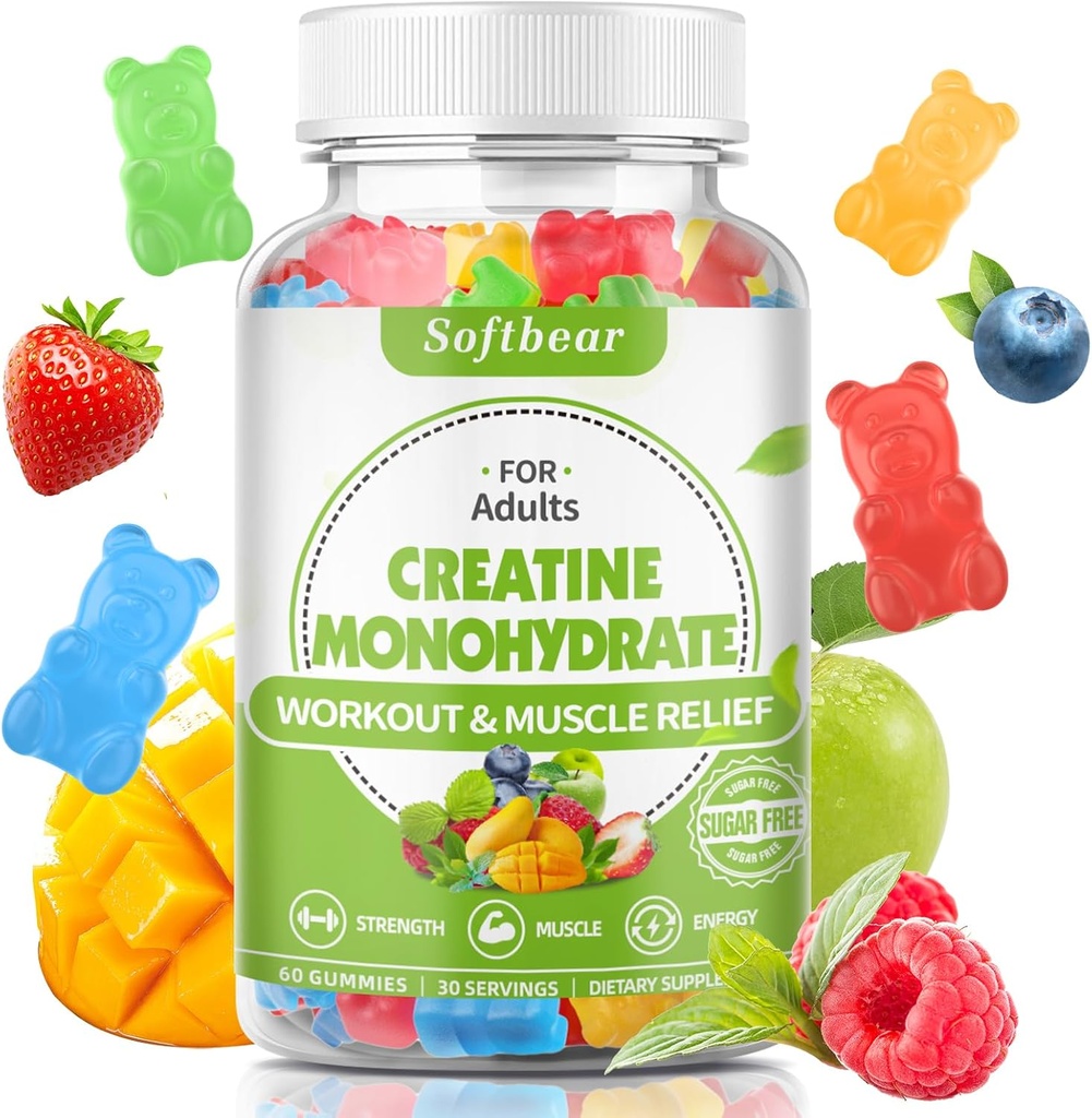 软熊 5000mg Creatine 单水合物 Gummys for Men Women, Vegan Creatine HCL 补充 肌肉建构器前工作 Gummys 强度 混合火焰 60 计数