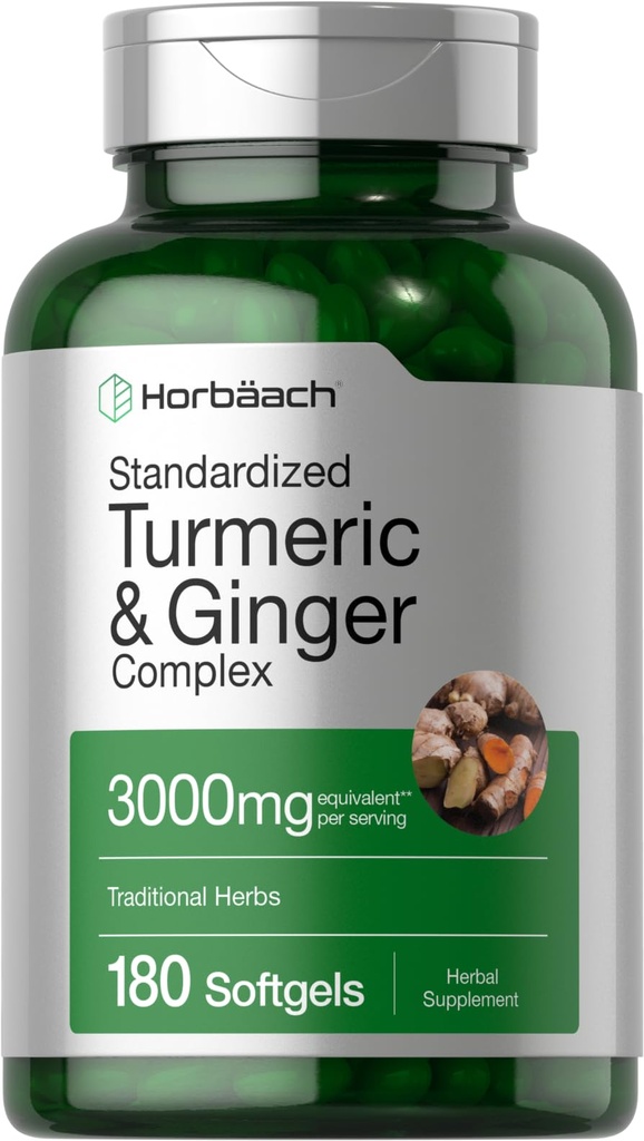 Horbäach Turmeric and Ginger Supplement + 3000 mg 180 软胶药 + 与黑辣椒抽取 + NO-GMO, Gluten Free Supplement