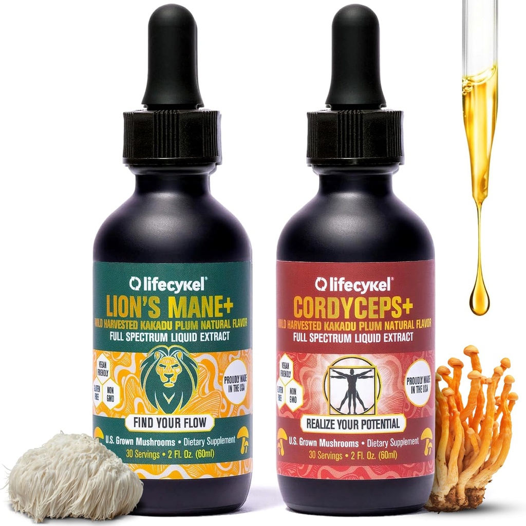 Life Cykel Cordyceps + Lion's Mane 提取性能包 - 有机蘑菇补充能源,焦点和精神清晰度 - 美国制造,纯净和强力蘑菇 成人液滴