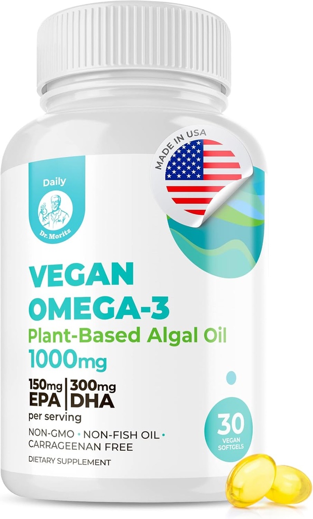 DR. MORITZ Vegan Omega-3 成人和儿童软胶,用藻油制成,DHA EPA, Small Algae Omega 3 补充品, Vegan, 30 Counter