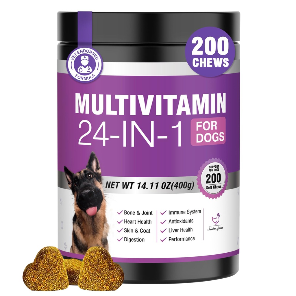 24-in-1 狗维生素和补充200Ct 狗多维特敏 化学式含有Chondroitin Probiotics Omega-3 Glucosamine 用于狗皮 皮科 心脏 联合 肝脏 脑眼 免疫支持 - 鸡