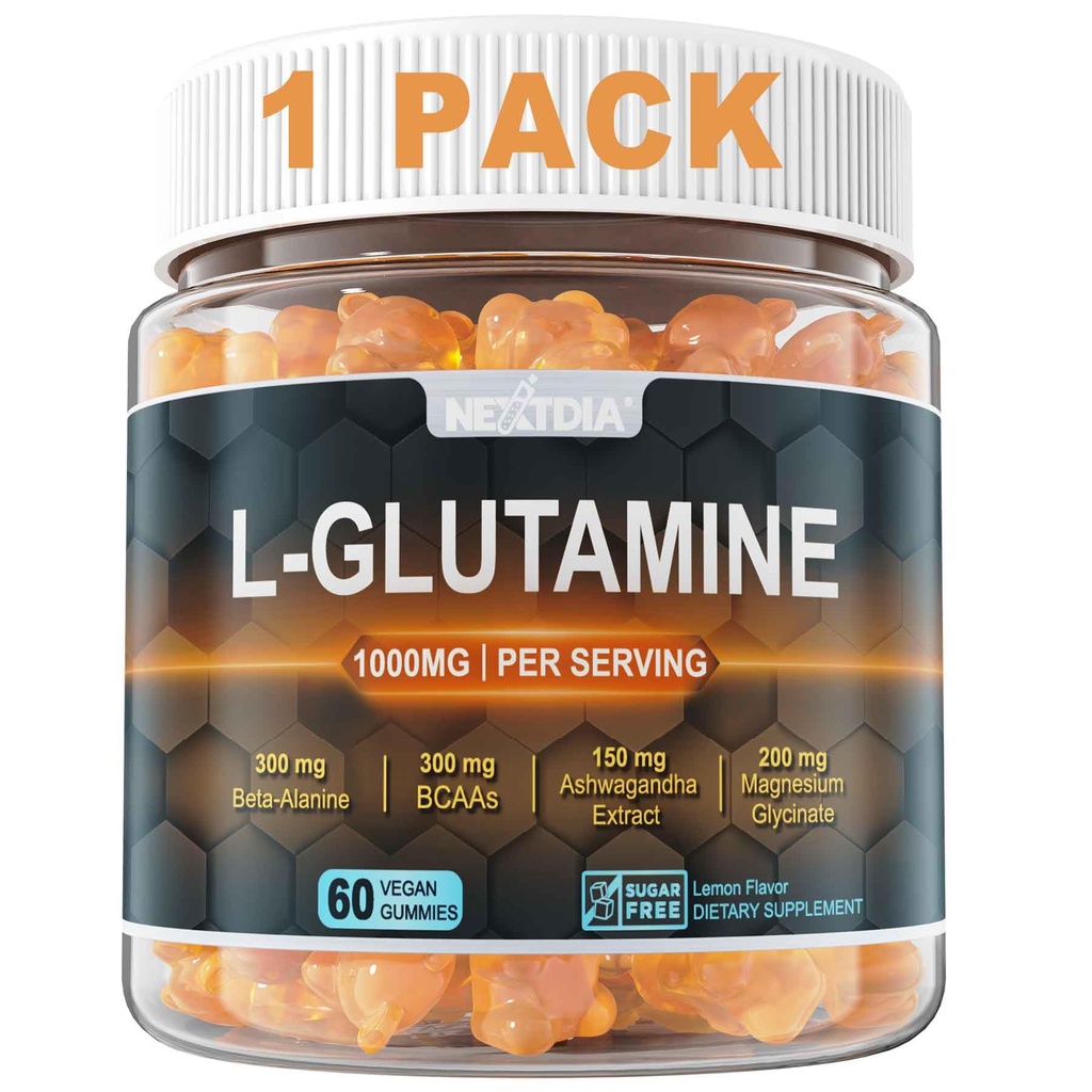 L-Glutamine 1000mg Gummies for Women and Men| 配有 Beta-Alanine, BCAAs, Glycnit镁, Potassium & Ashwagandha | Vegan | | 无糖 & + Extra-Chewy | 60 个伯爵