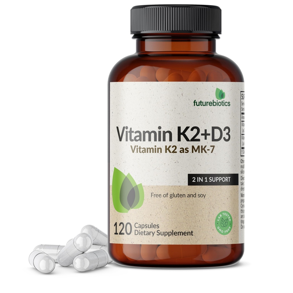 未来生素 K2(MK7) 配有 D3 补充剂 - 非 GMO 公式 - 5000 IU 维生素 D3 和 90 mcg 维生素 K2 MK-7, 120 蔬菜卡普尔