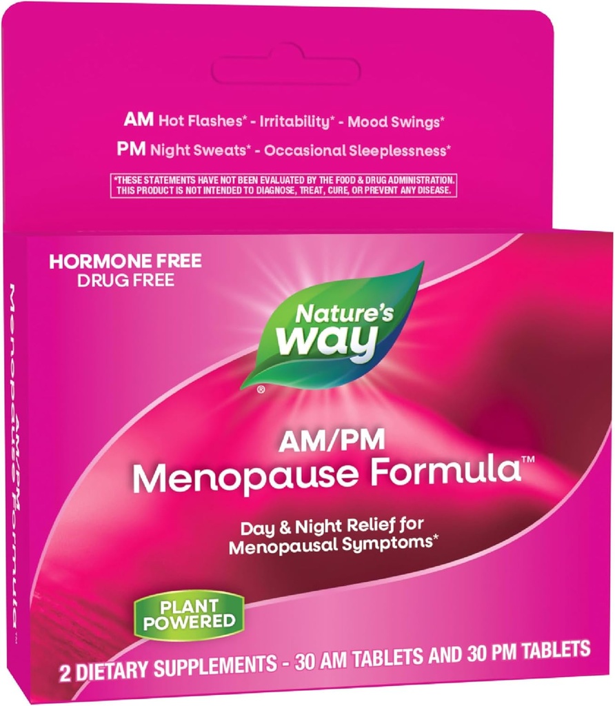 自然之路 AM/PM 更年期 妇女补编、热闪电救济*、夜汗*、静眠*、Mood Swings*、Hormone-Free Formures with Black Cohosh、Theanine、Valerian、60块牌匾