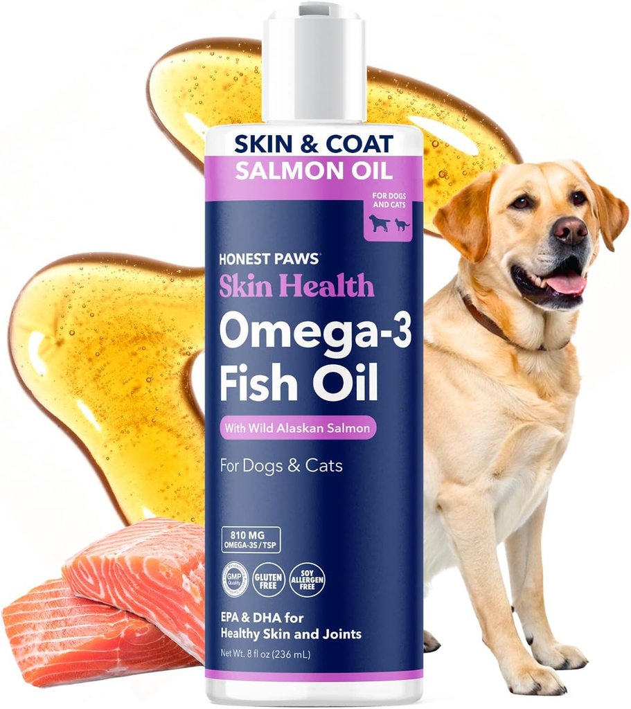 诚实的Paws 野生阿拉斯加沙门油换狗和猫 – Omega 3 鱼油补充品 皮革,大衣,联合和心脏健康 – 自然,可持续来源,8 oz