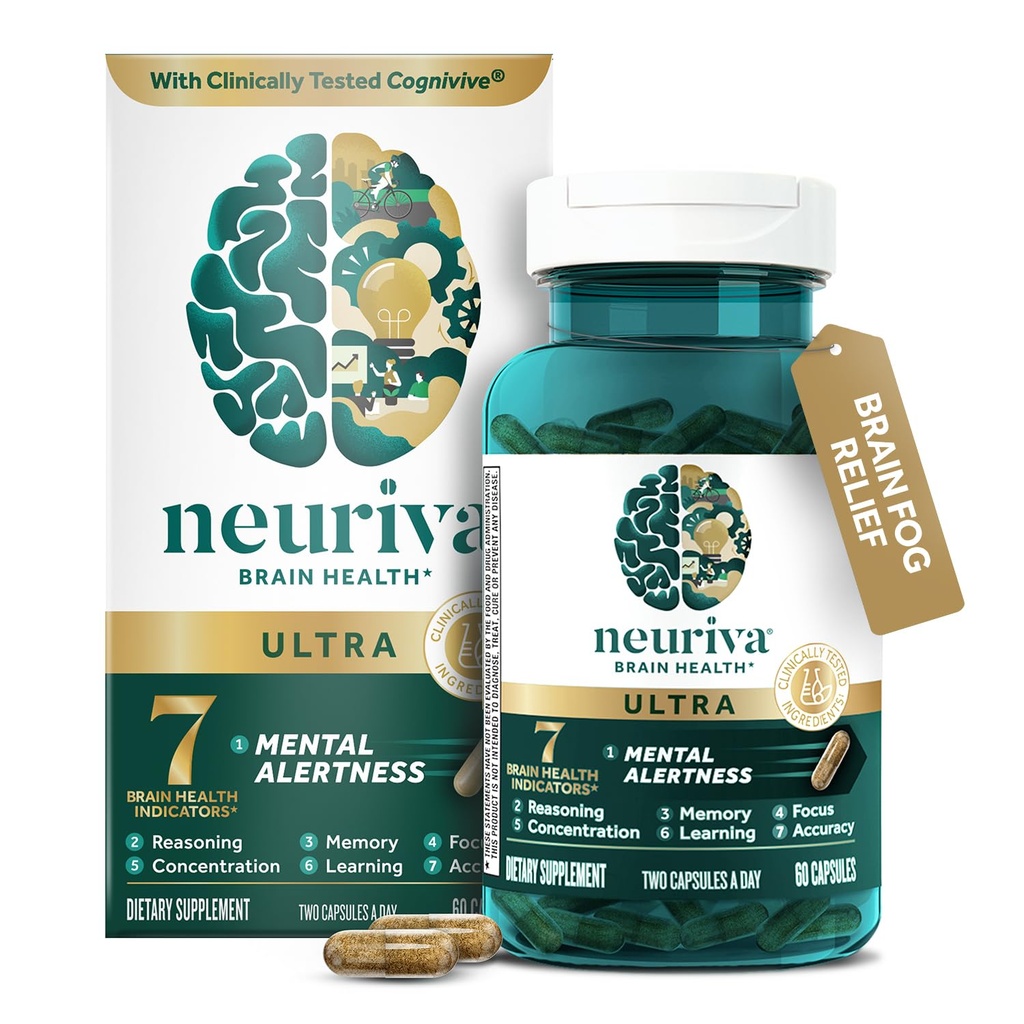 NEURIVA 超脱咖啡因临床测试的诺诺氏大脑补充剂,用于精神警惕,记忆,焦点和浓度,认知,神经元,磷酸盐,维生素B6 B12,60 Capsules