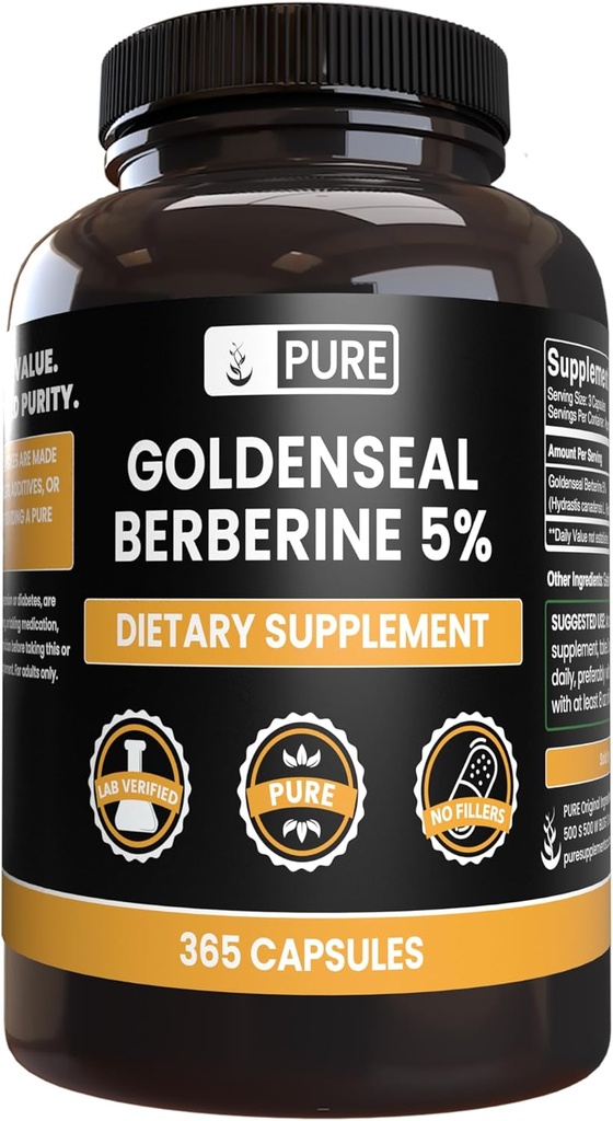 Goldenseal Berberine 无镁或水稻填充器,永远纯净,实验室验证(365个计数)