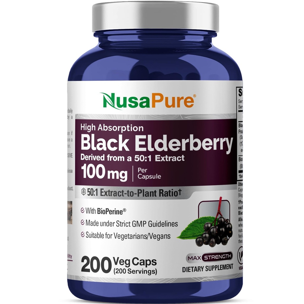 NusaPure Black Elderberry 50:1 提取物,每瓶Veggie Capsules100毫克至5,000毫克,200 Counter(非GMO, Bioperine) Sambucus 补编