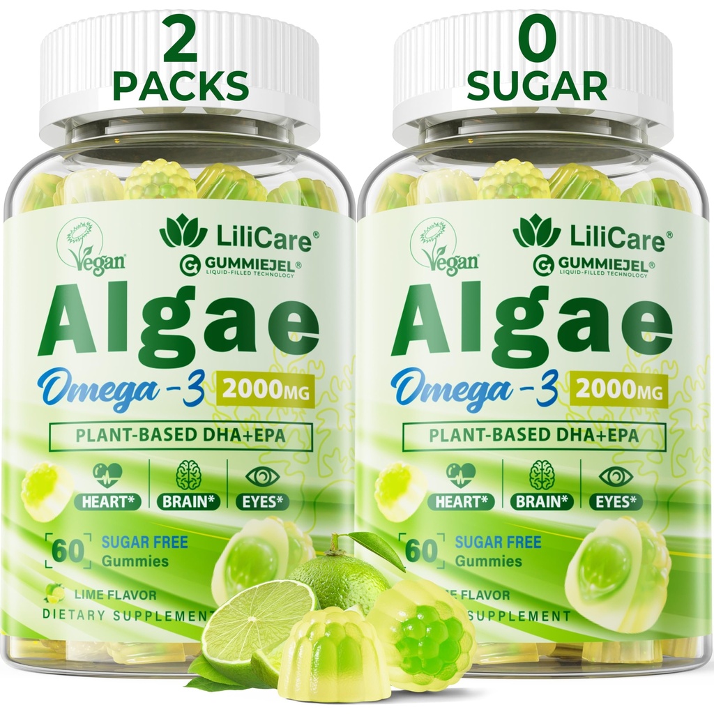 Omega 3 藻类油(DHA 640mg & EPA 290mg)的2200mg供女性和男性食用,Vegan Omega 3 鱼油替代品,w/CoQ10,Astaxanthin,维生素A,E,D3供大脑,眼,抗氧化剂,Sugar免费2Packs