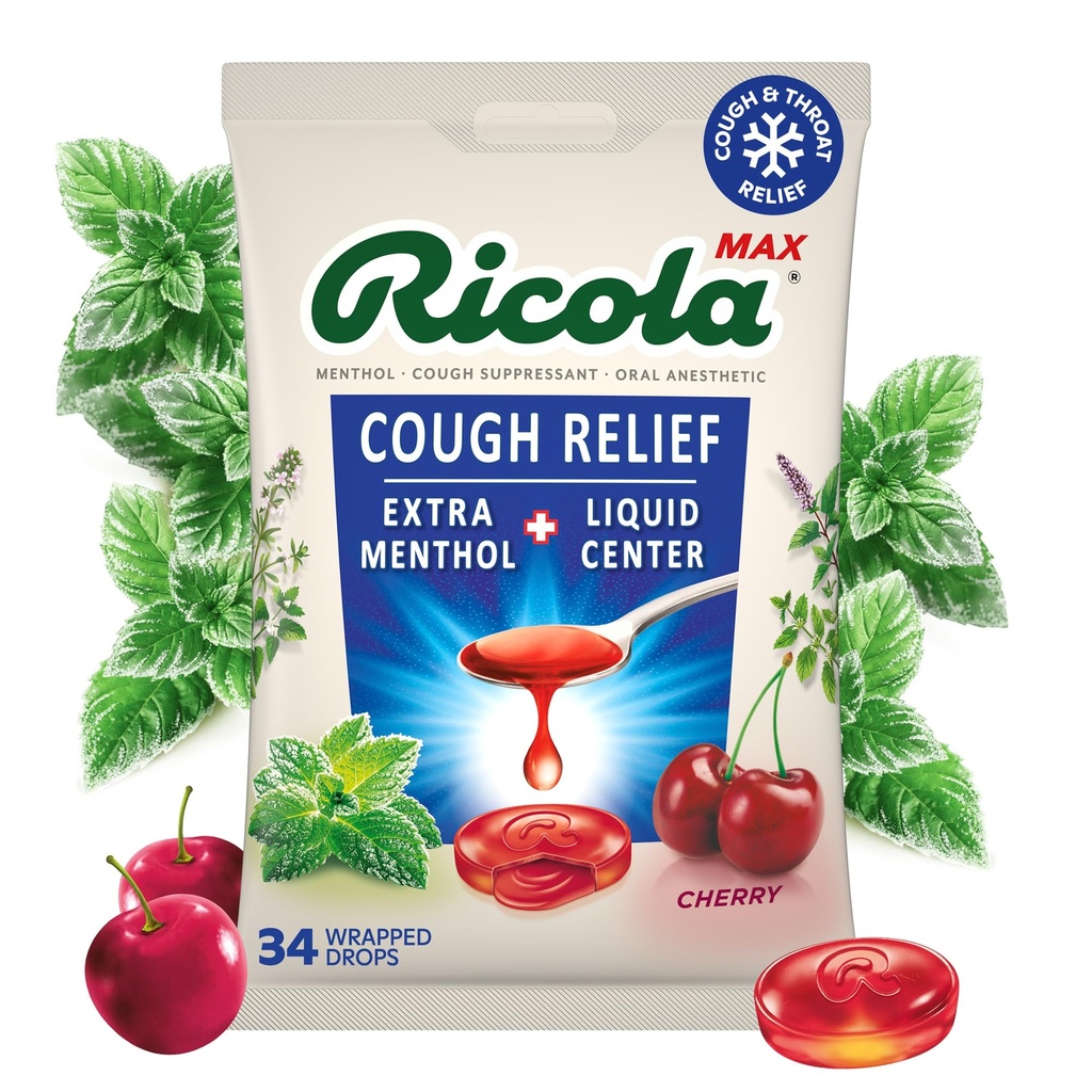 Ricola Max 瑞士樱桃喉咙护理大袋 咳嗽抑制剂 滴水 双行动液体中心 舒缓长距离救援 - 34 Counter (Pack of 1)