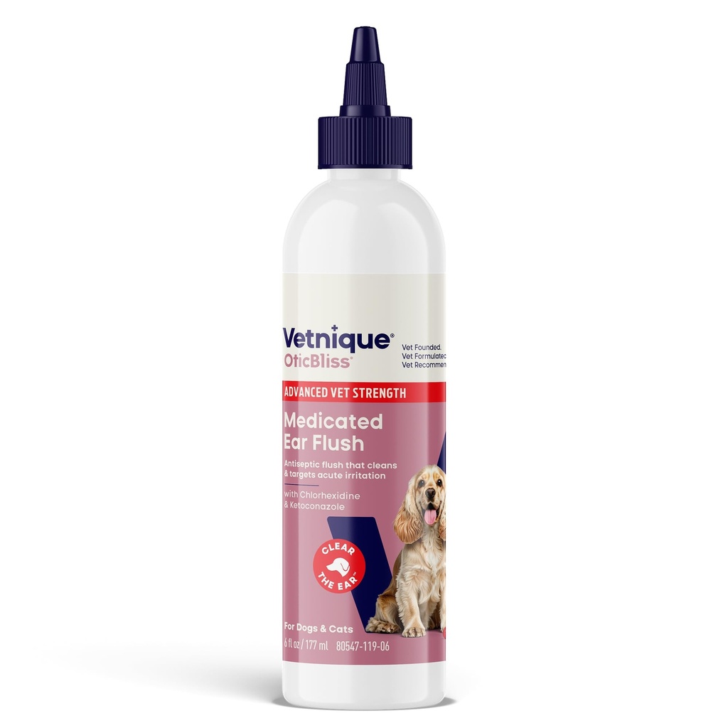 Vetnique Oticblis 高级强效药用狗耳感染治疗,猫和狗耳清洁溶液的抗化耳清洁剂 氯己胺和Ketoconazole (6oz Flush)