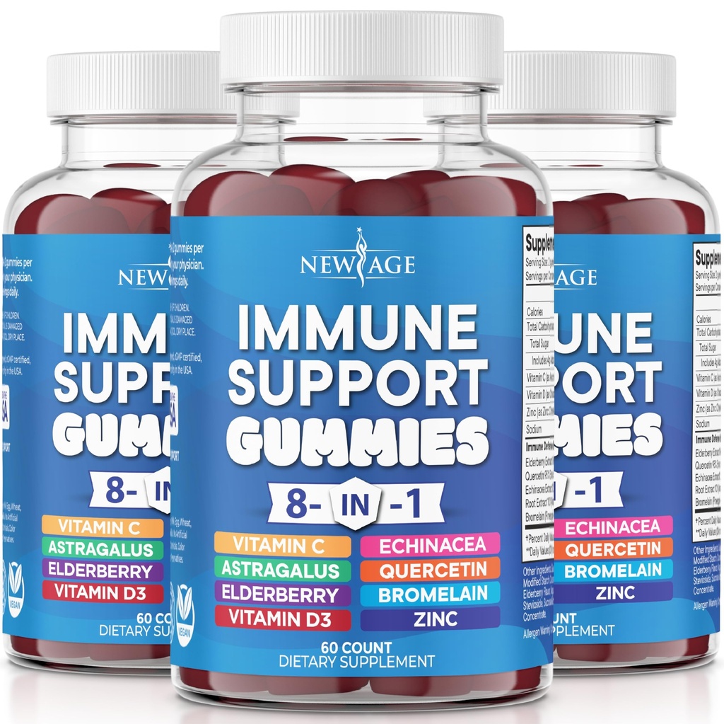 新AGE 8 in 1 Imune Astragalus Root,维生素C和锌50mg,维生素D 5000 IU,Quercetin & Bromelain (8 in 1 Gummys (Pack of 3)) 补充剂.