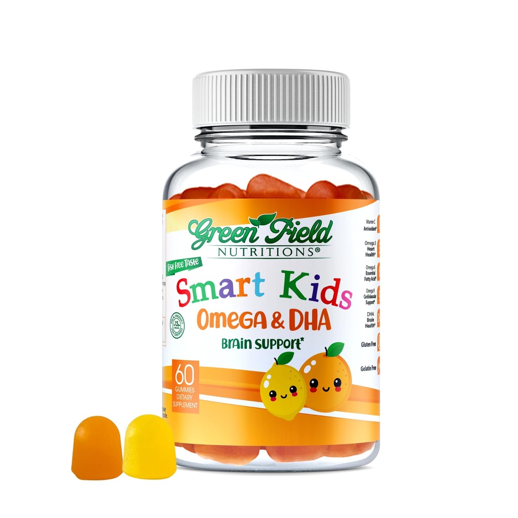 绿地营养 智能儿童 Halal Omega 3 Gummys与DHA - 60 Halal Vitamins for Kids,支持脑和免疫健康 - Vegan, Non-GMO, Gluten, Gelatin-Free and Free Halalal-Gummy 维生素