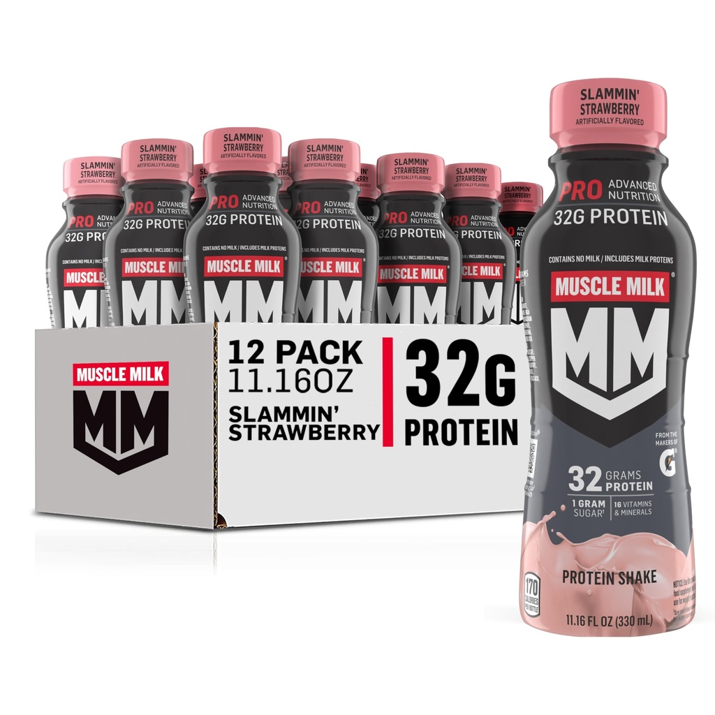 Muscle Milk Pro 高级营养蛋白摇摆,Slammin' Strawberry, 11.16 Fl Oz(12袋), 32g 蛋白质, 1g 糖, 16 维生素和矿物, 5g 纤维
