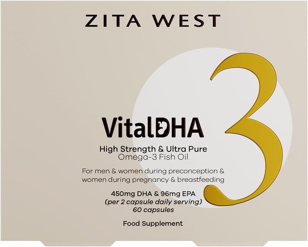 Zita West Virtual DHA – 产前DHA和EPA 配有增肥、怀孕和母乳喂养锌 – 脑发育Omega 3 – 60 Capsules(1个月供应量)
