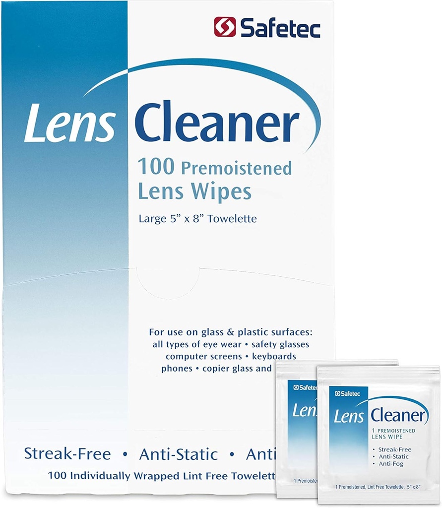 Safetec Lens & Eglass 清洗擦拭, 预调擦拭(2包100厘米盒 - 200件清洁衣)