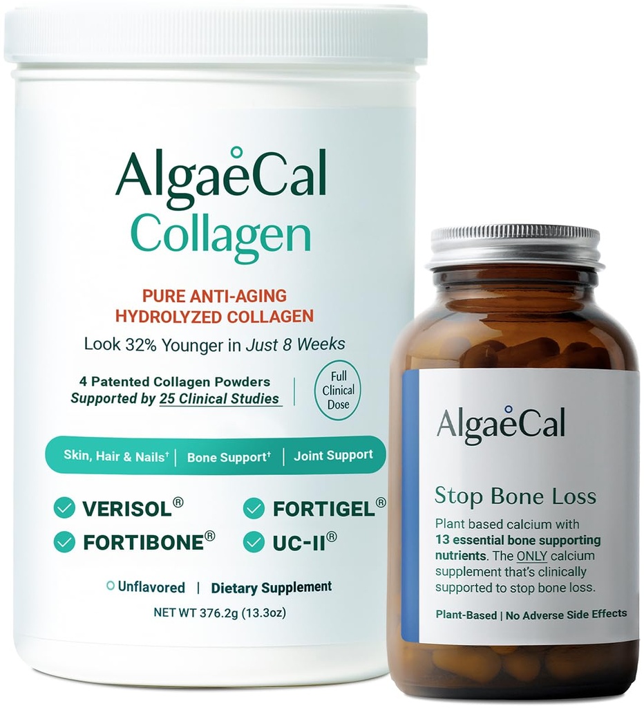 ALGAECAL Calcium & Collagen Bundle – Hydrized Collagen 完成由临床支持的Verisol, Fortibone & Fortigel, + 13 Bone 支持矿物和维生素D3用于骨质保健和抗衰老