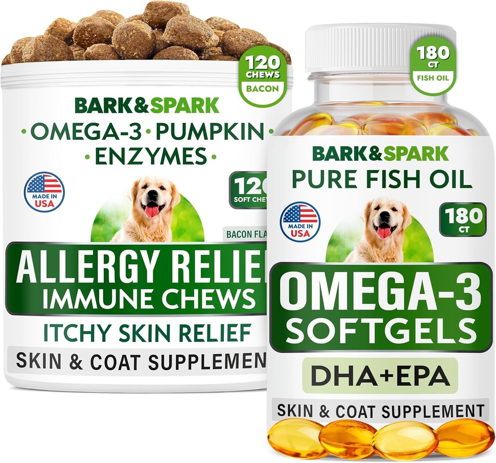 过敏性减肥 + Omega 3 Bundle - 抗痒皮肤和皮肤过敏补充剂 + Omega 3 鱼油 + EPA & DHA 脂肪酸 - ITCHING&Paw Licking + 联合健康 - 120 Chews + 180 软胶 - 在美国制造