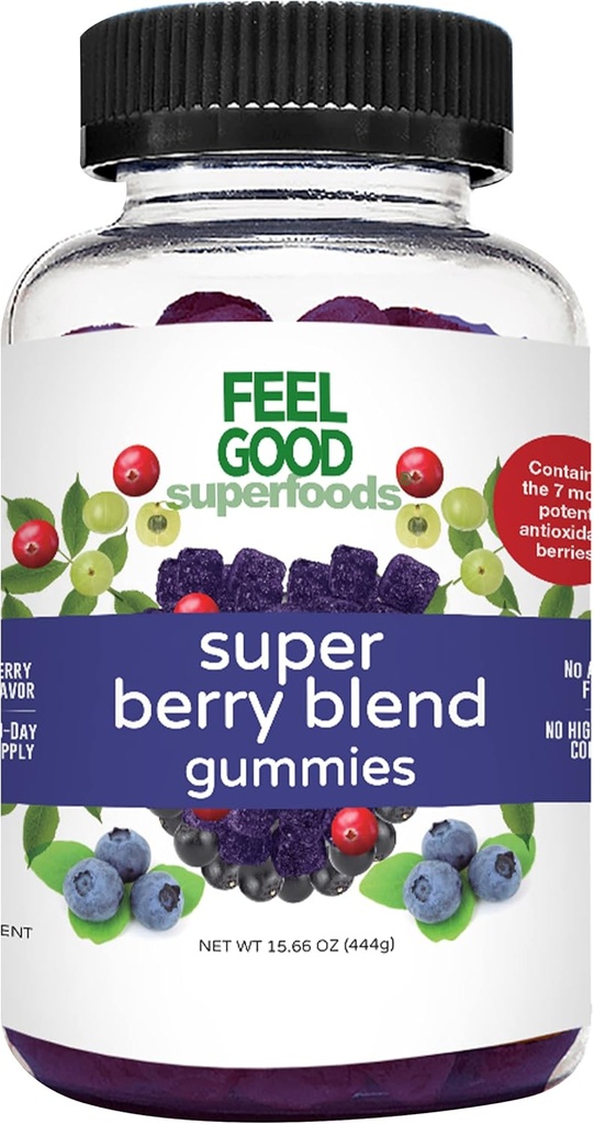 Feel Good Foods Super Berry Multivitamin Super Berry Super Berry Super Berry 多维特敏 Super Berry Super Berry Acai, Amla, Lingonberry, Maqui, Bilberry, 以及 Aronia Berry Gummys, Berry Flavor, Vegan, Non-GMO, 60 伯爵