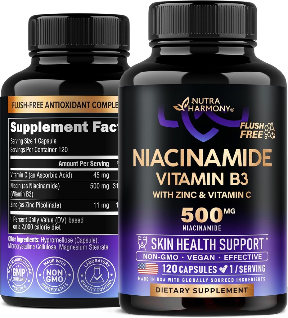 Niacinamide 500 mg - 维生素B3 无氟形态 Niacinamide 补充剂 - 健康清洁皮肤和抗氧化剂支持剂 - 配有锌和维生素C - 实验室测试,Vegan & NON-GMO - 在美国制造 - 120 Capsules