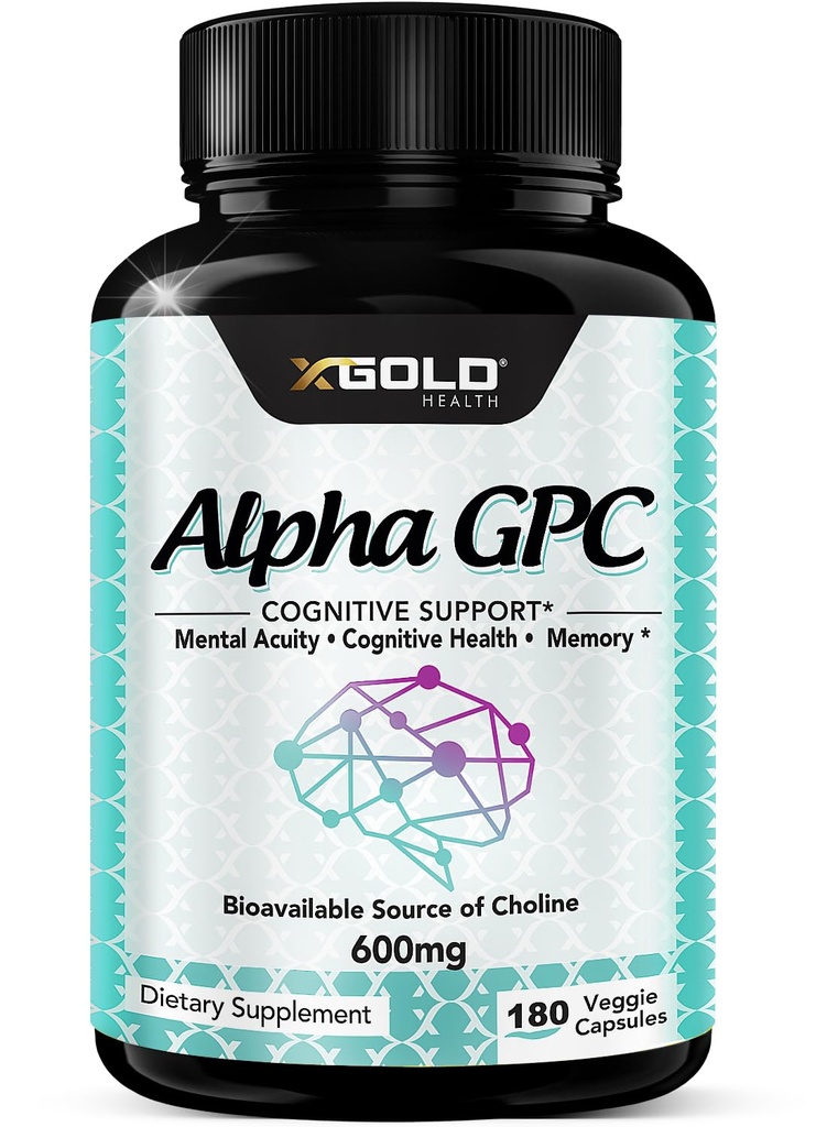 Alpha GPC Choline 补充600mg, 99 %+ 高纯度,高生物利用率的Choline源,180 Veggie Capsules,认知增强器 Nootropic,支持记忆和大脑功能,Boosts Focus & Mood