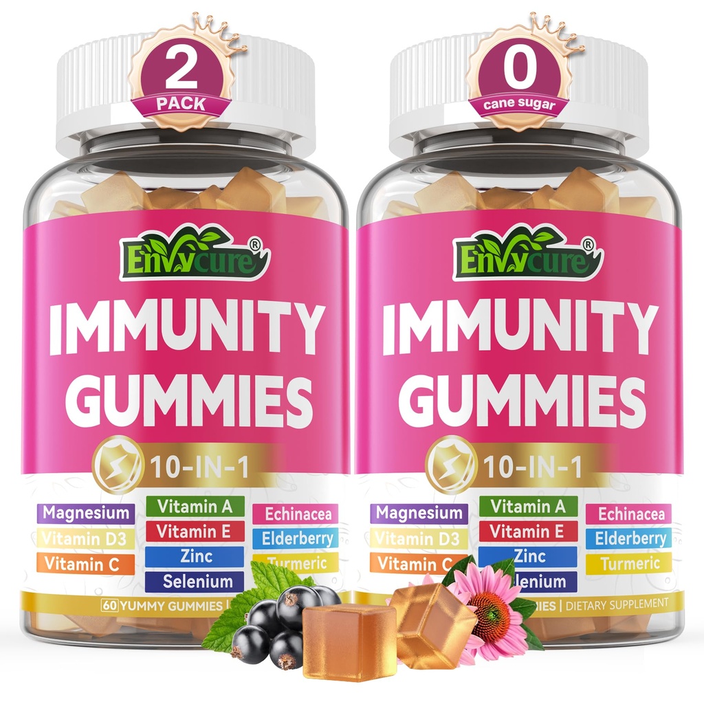 10 in 1 Immune Support Suppless Gummys, w/Echinacea, 老年莓维生素C和锌,硒,维生素D3 5000IU, 镁, Daily Immune Boster 多维他明,用于抗氧化剂骨能源, 2 Pack