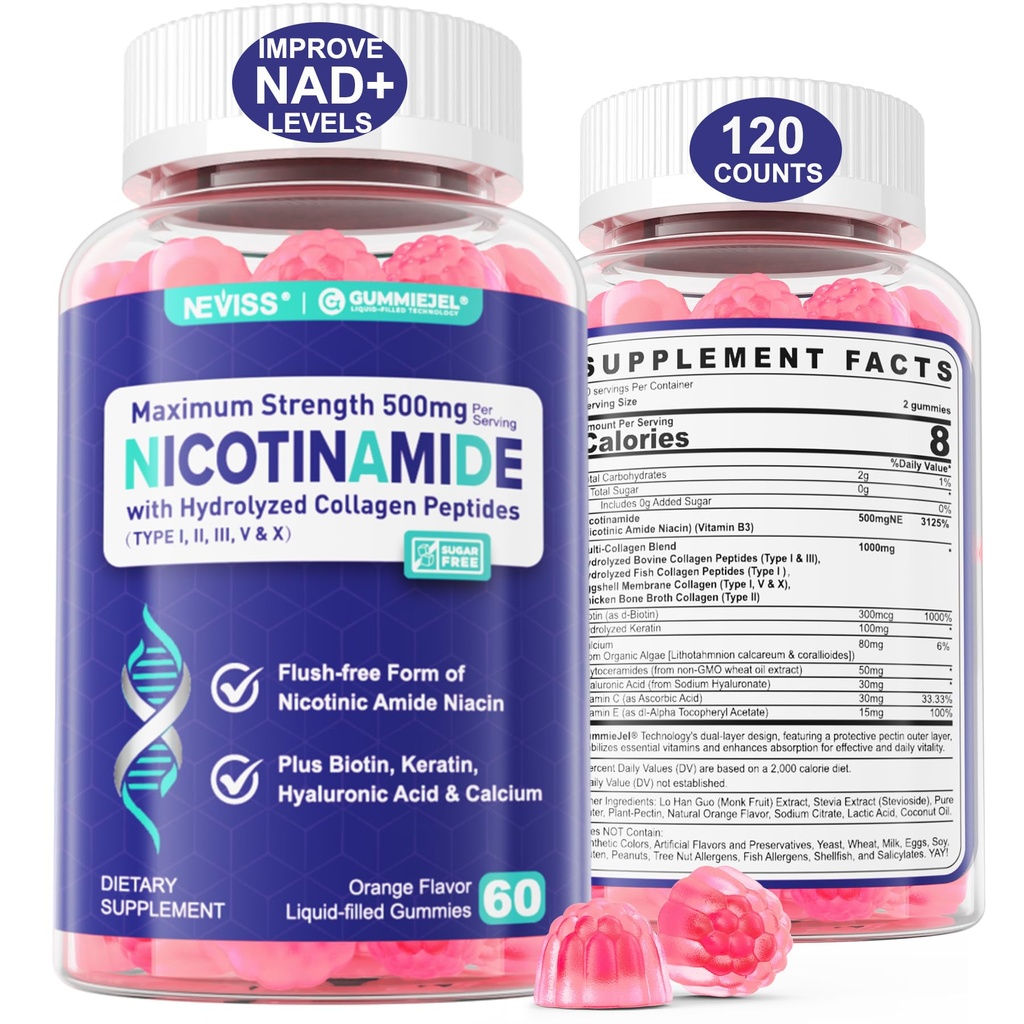 2 Pack - Nicotinamide 500 mg Gummys, NAD+ 女性和男性w/Colagen Peptides, (Flush Free Niacin) 维生素B3 抗衰老, NAD+ 关卡、长寿、焦点和大脑、无糖