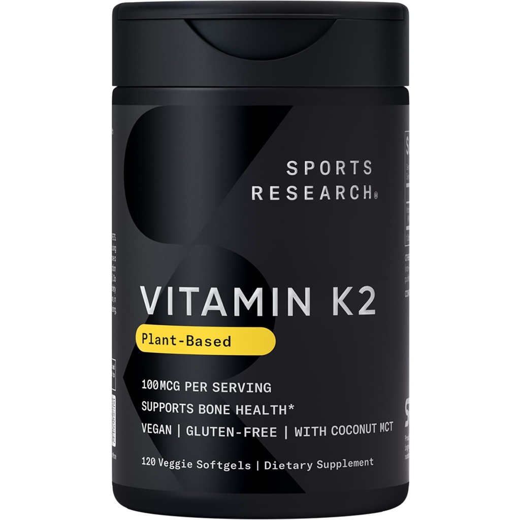 体育研究维生素K2作为MK-7 100mcg与椰子MCT Oil-120 Veggie软胶(4个月供应) Vegan认证,非GMO认证,Gluten & Soy Free