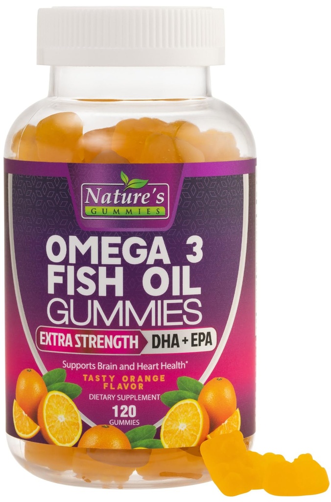 Omega 3 鱼油胶,心脏健康油胶3 Gummy 配有高吸附力的DHA & EPA,超强联合和大脑支持,美味的橙香鱼油天然维生素 - 120 Gummys