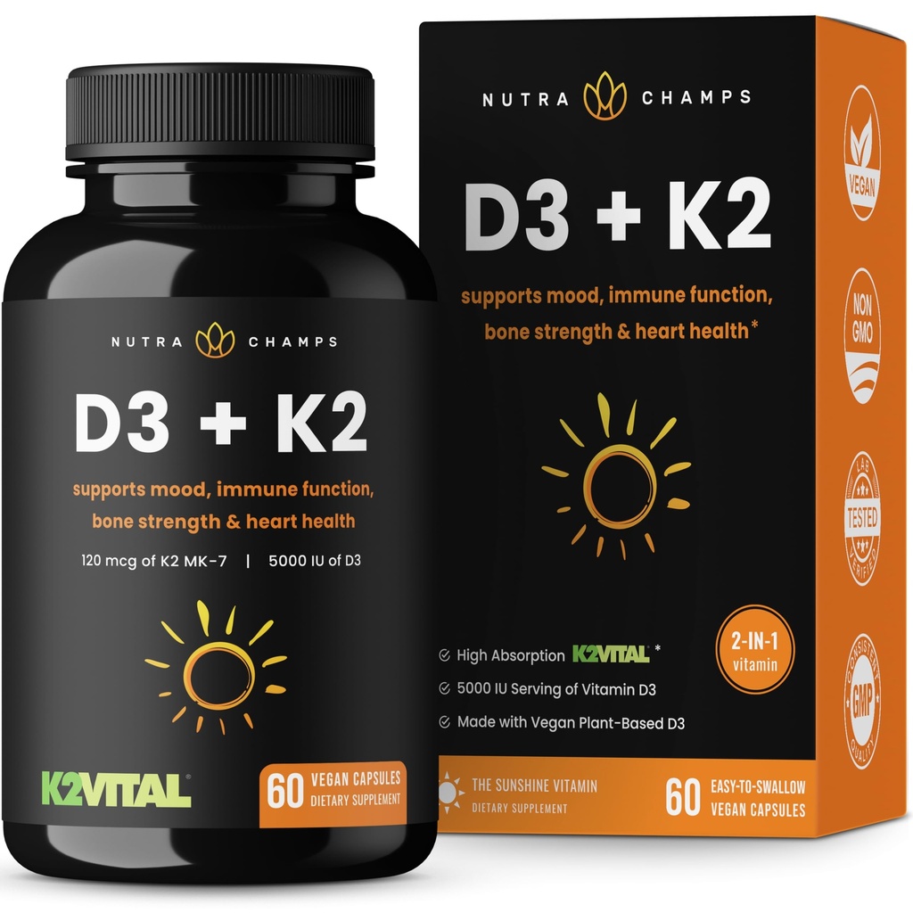 NutraChamps D3配有K2 MK7 心与骨健康补充 | 维生素 D & K Complex → 5000 IU 维生素 D 3 和 100 mcg 维生素 K 2 MK-7 → 60 维生素 K2 D3 Capsules