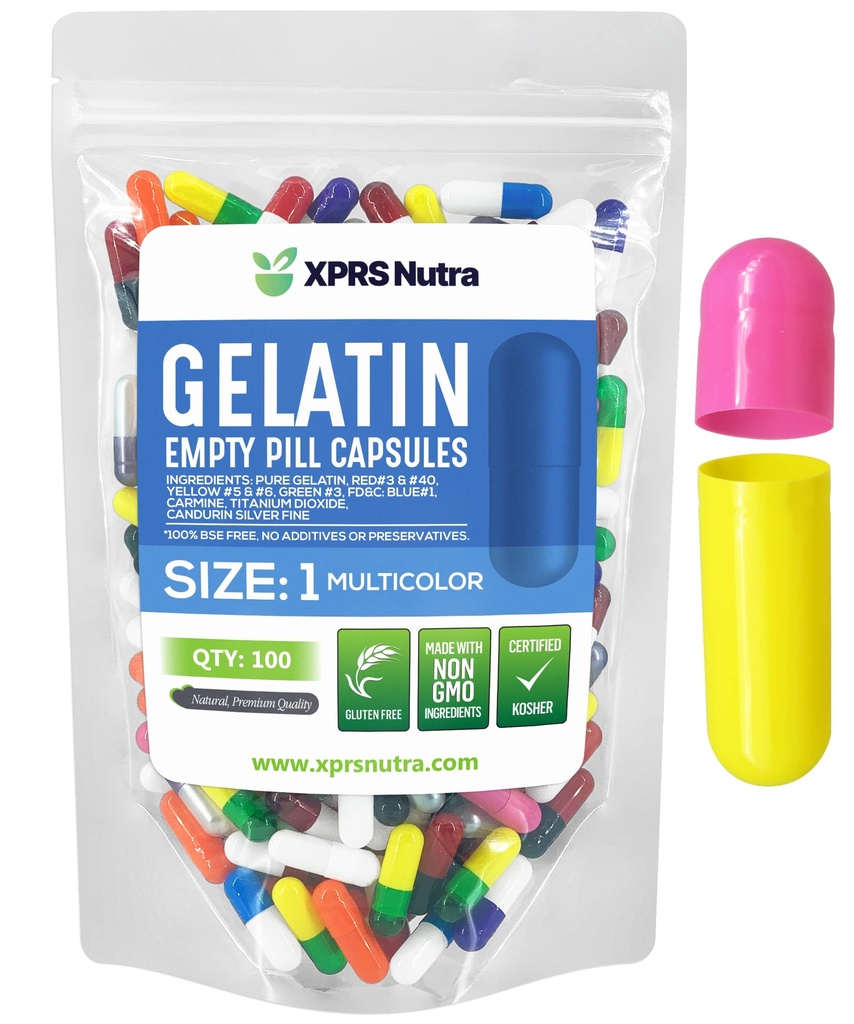 XPRS Nutra 大小 1 空卡普尔 - 100 个空卡普尔 - 100 个空卡普尔 空卡普尔 - 用于 DIY Capsule 填充的药丸 - 纯波文 Pill Gel Caps 要填充您的补品( 多色)