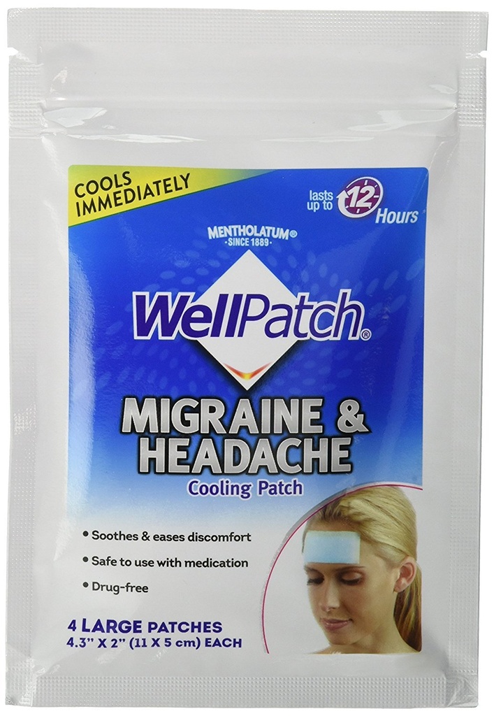 WellPatch Migraine & Headache 冷却补丁 - 无毒品,持续12小时,用药安全 - 大补丁(4个大补丁),每补丁4.3×2英寸