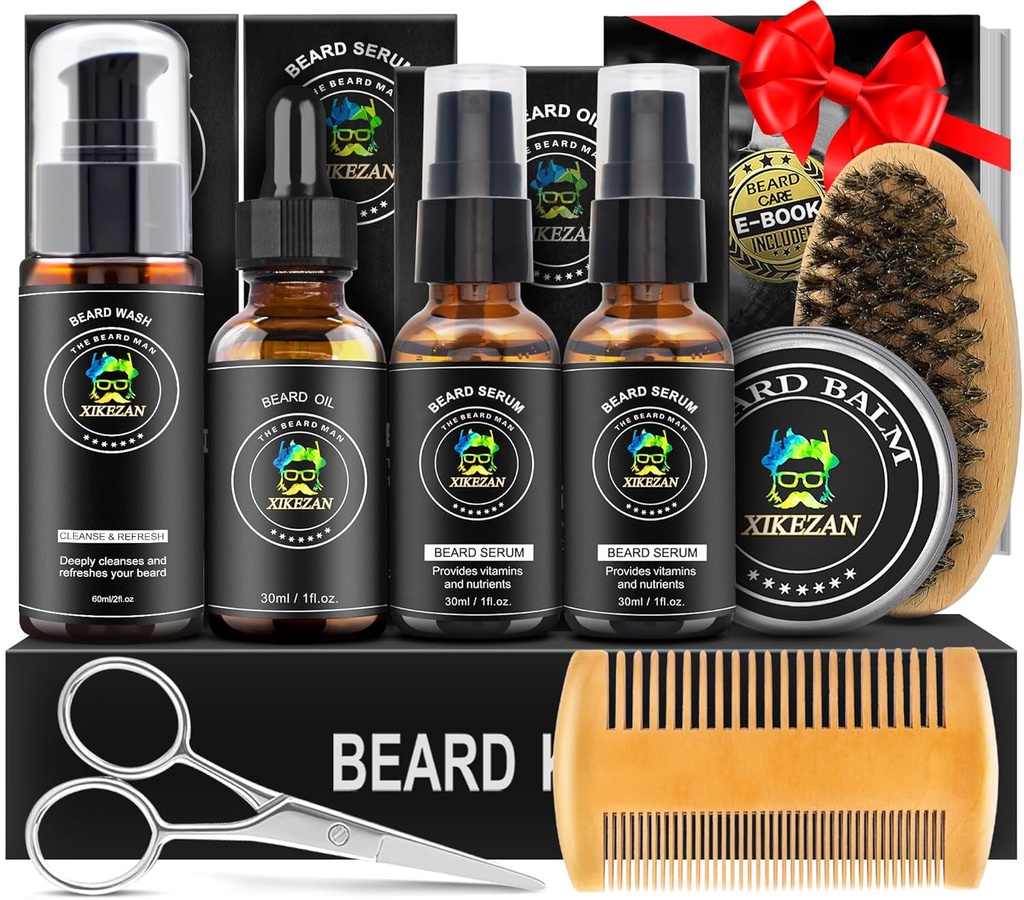 XIKEZAN 男装熊皮套装 男装熊皮套装 W/2 Pack Beard Serum, 洗涤, 油, 鲍姆, Comb, Brush, 剪刀, Bag, EBook, 男装独特的生日礼物 He Dad 丈夫 圣诞兄弟 Stoffers