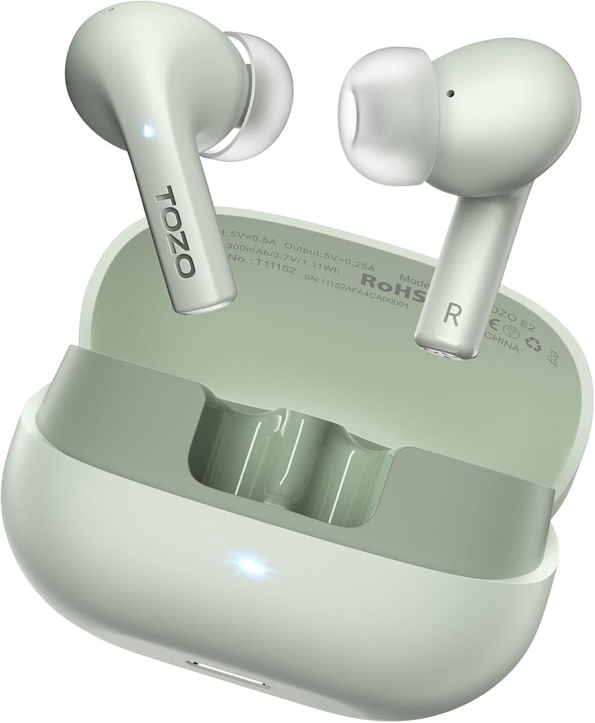 TOZO E2无线耳机,配有2Mics AI呼叫噪声取消,10mm驱动器配有强大的Bass,App定制32 EQ,30H播放时间,蓝牙5.3耳机Buds,舒适适合耳机