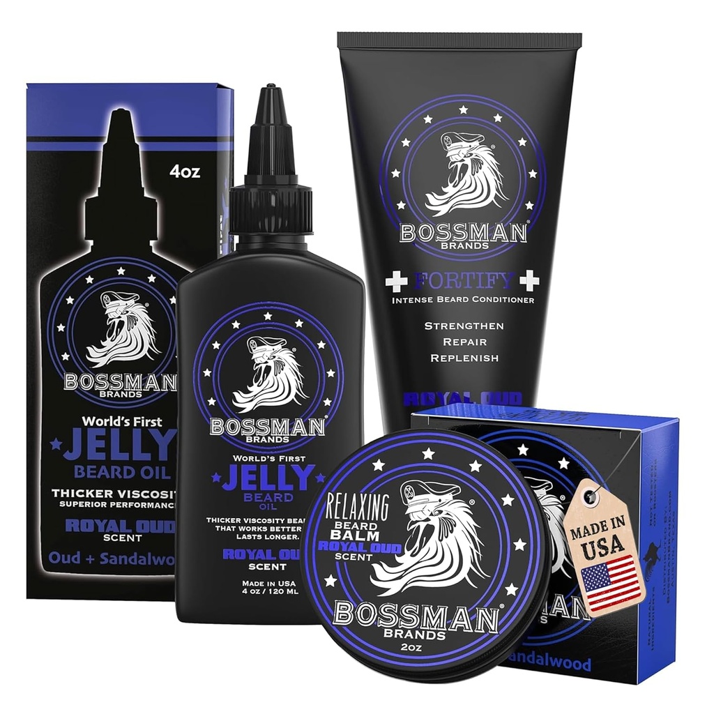 Bossman Bustics Beard Kit for Men, Set of 3 - 比尔德油Jelly, 强化条件配方奶油, 胡子Balm - 驯服成长护理辅助器械 - 给男子的礼物套(皇家)