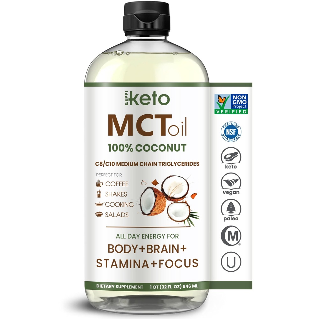 凯皮 MCT 石油 -- -- 来自100%的椰子 -- -- 无火的C8和C10、非GMO、无油胶、无棕榈油、Vegan、Kosher、Halal、32 oz椰子油