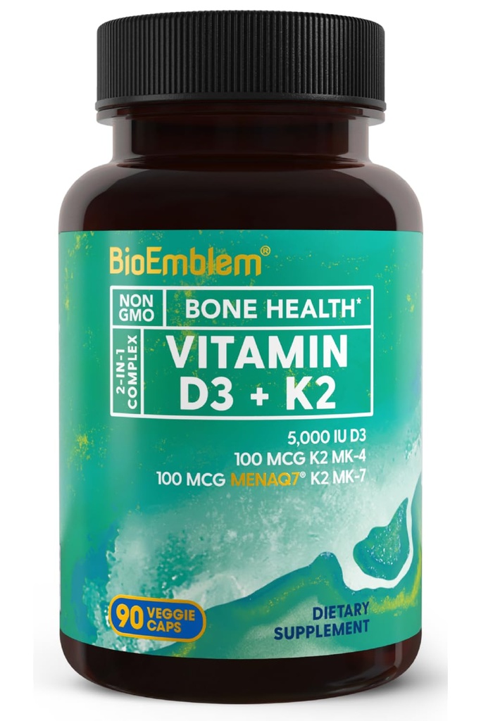 BioEmblem 维生素 D3 K2 Capsules (5000IU和200mcg) - 专利MK7和MK4用于3-in-1 复合支持 - 蔬菜维生素 D K2 补充 牙齿,心脏,免疫系统 - 非GMO, 90 Caps