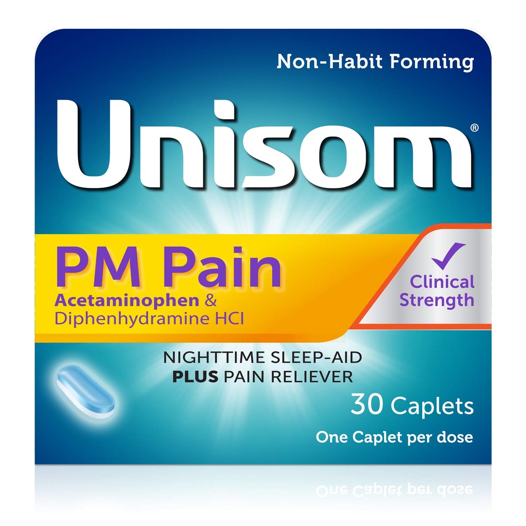 Unisom PM 疼痛 夜间睡眠援助 + 疼痛救生剂、乙酰氨基苯和二酚胺HCI,30卡普莱特,50毫克