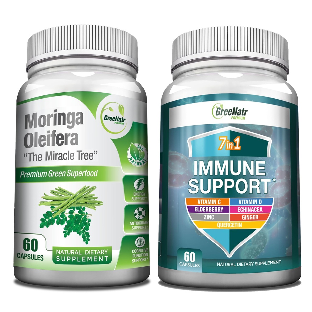 GreeNatr 能源支持和免疫防御包:纯莫林加 Oleifera Leaf 提取 Veggie Capsules (1000 mg) 配有 7-in-1 的免疫支持能源,摩德,内存,焦点