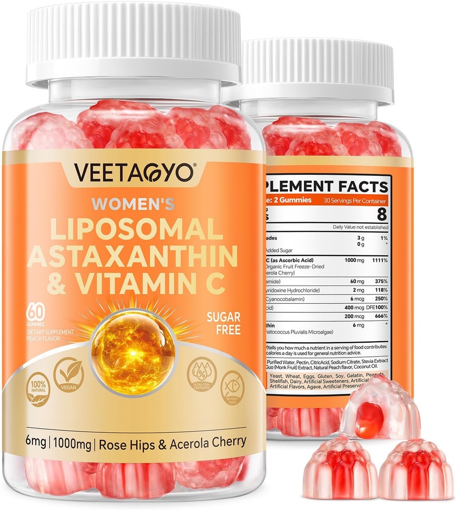 Astaxanthin 补充 6mg + Liposomal 维生素 C 1000mg - 双层 - Niacin B6,B12,Folate,Biotin - 抗氧化剂 - Gelatin Free,Sugar Free,60Cts