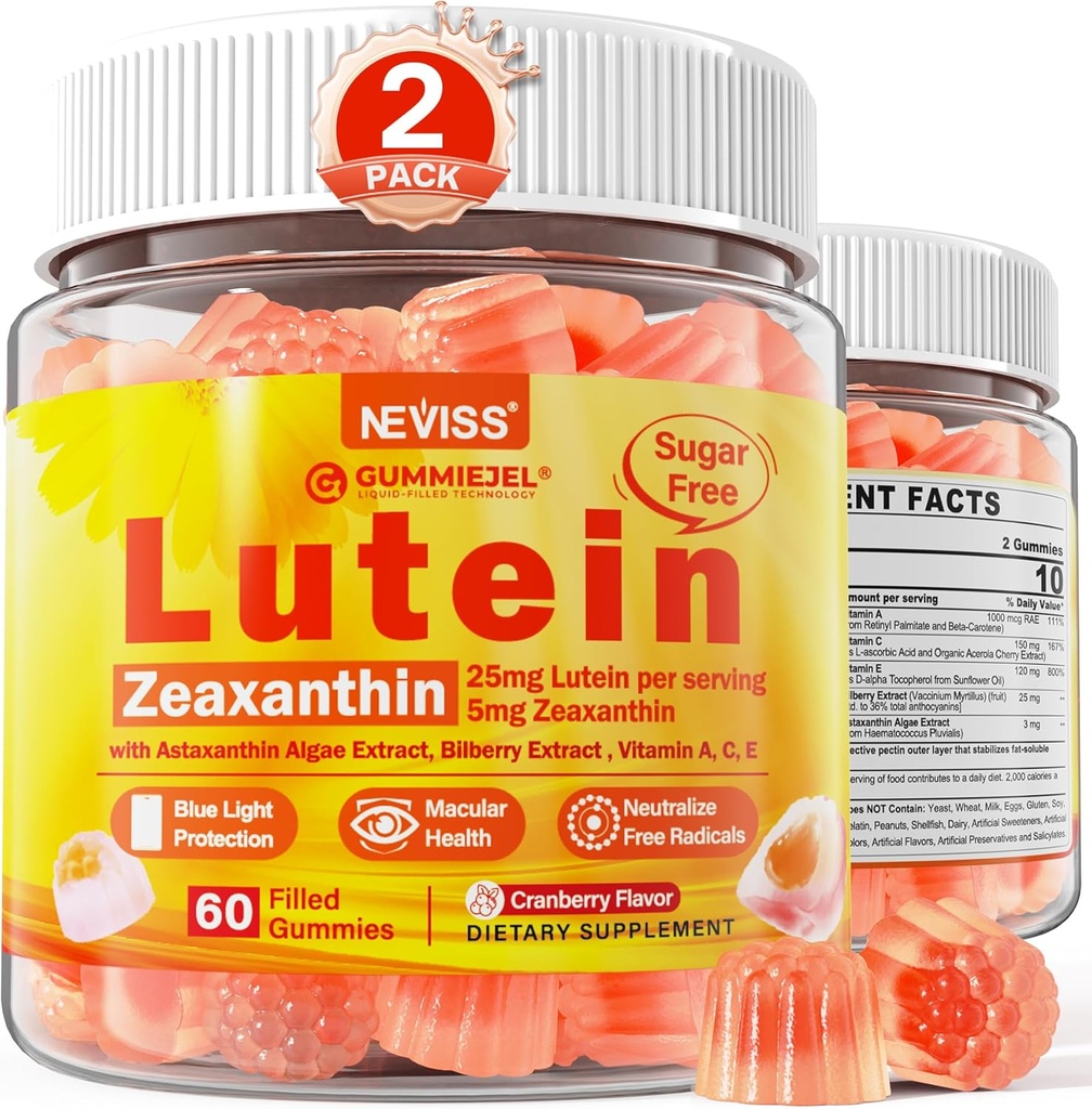 2 Pack Lutein 和 Zeaxanthin 补充 Gummys (25mg) 维生素A, C, E, Bilberry, Astaxanthin - 椰油促进更好的吸收 - 成人和青少年视觉,眼睛,大脑,皮肤 - Vegan,无糖