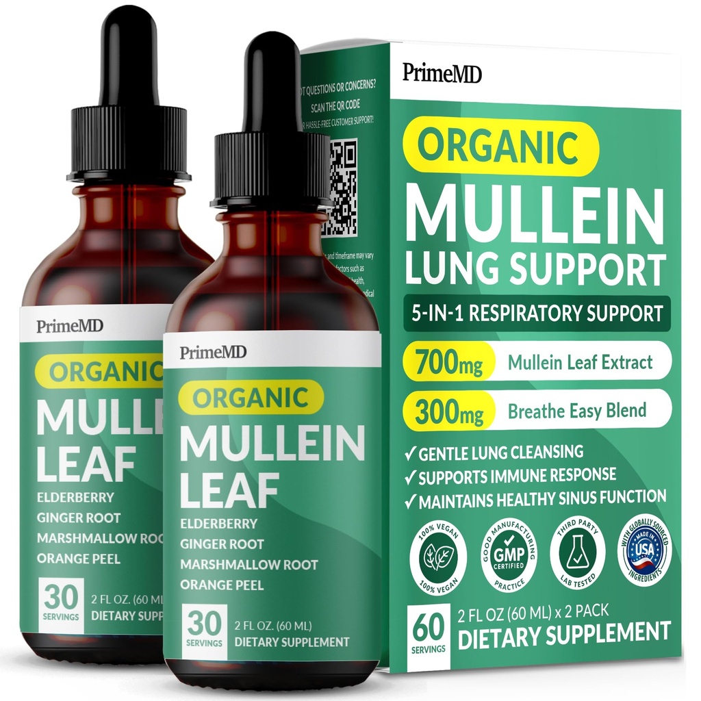 5-in-1 Mullein Drops for Lungs and Bronchial - 肺部呼吸性肺健康支助,Mullen Leaf Excert for Lungs - Mullein Tincture with Elderberry, Echinacea and Ginger Root (60 services)(2包)