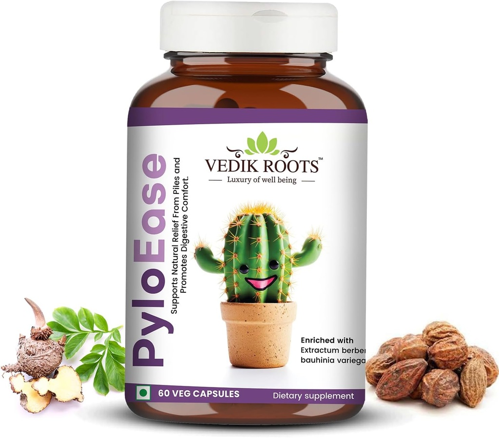 PyloEase QQ Ayurvedic 草药补充剂 传统用来支持消化舒适和每日平衡 QQ与消化不适的救济有关 60 Veg Capsules, (Pack of 1).