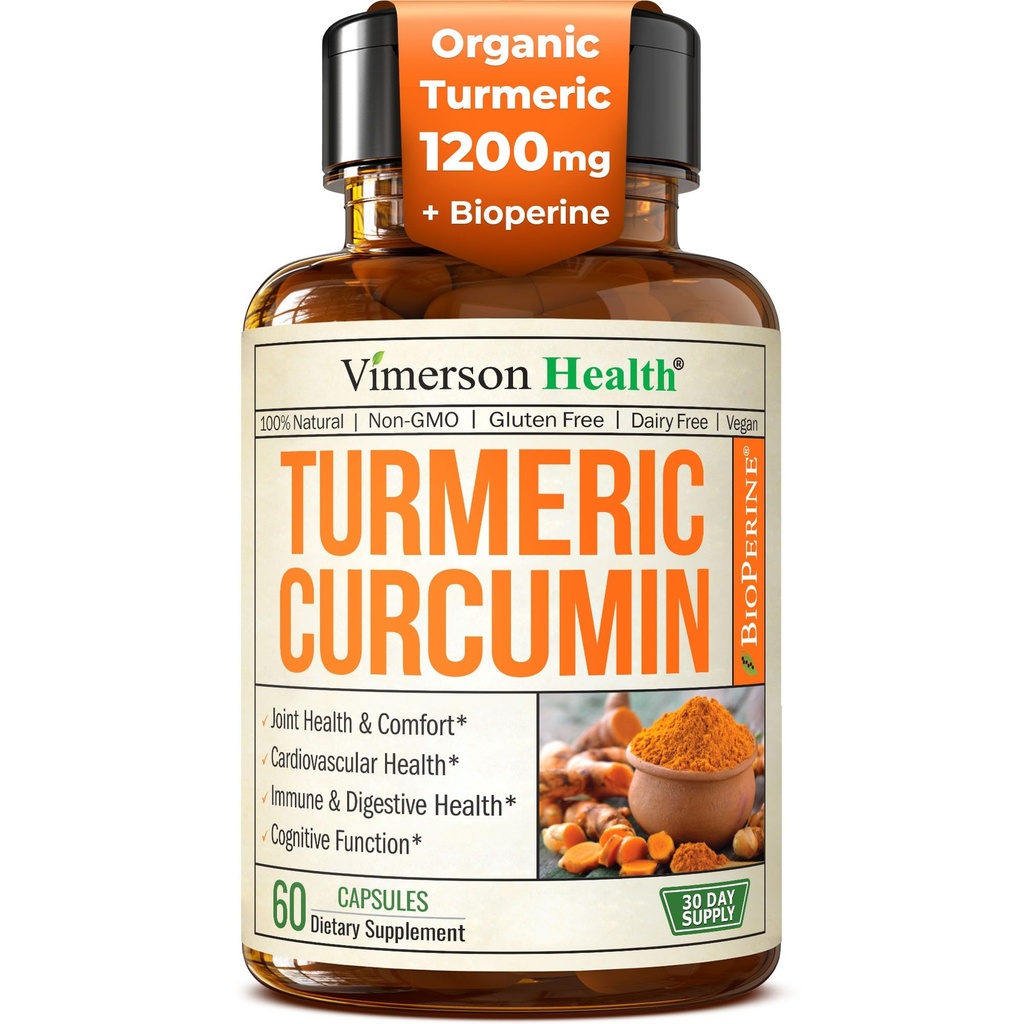 Turmeric Crucumin 配黑椒抽取剂-高概率有机图尔 1200mg和95% Crucuminoids 用于联合和消化健康- 联合支助补编- 60 Vegan Crucuma Capsules