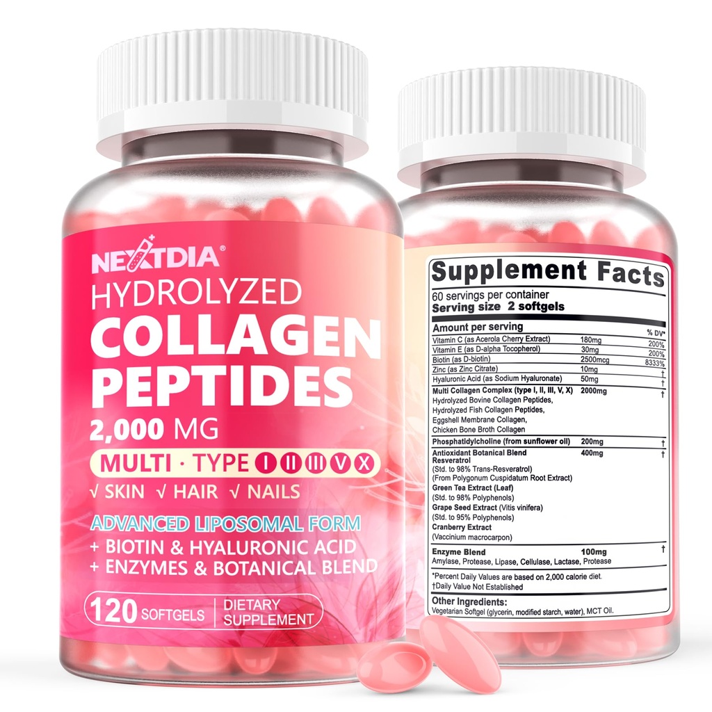 2 Pack Liposomal Collagen Peptides Pills for Women 2000mg, 多水解Collagen 类型 I, II, III, V, X 与 2500mcg Biotin - Collagen 补充 软胶 配发, 皮肤和直肠维生素, 240 Cts
